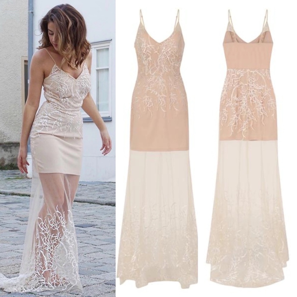 NAZZ COLLECTION SAHARA WHITE SHEER EMBROIDERY ILLUSION MAXI DRESS